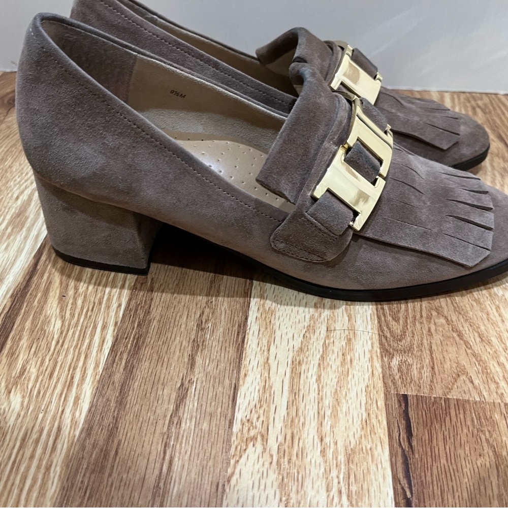 Vaneli suede buckle block heel fringe loafers 9.5